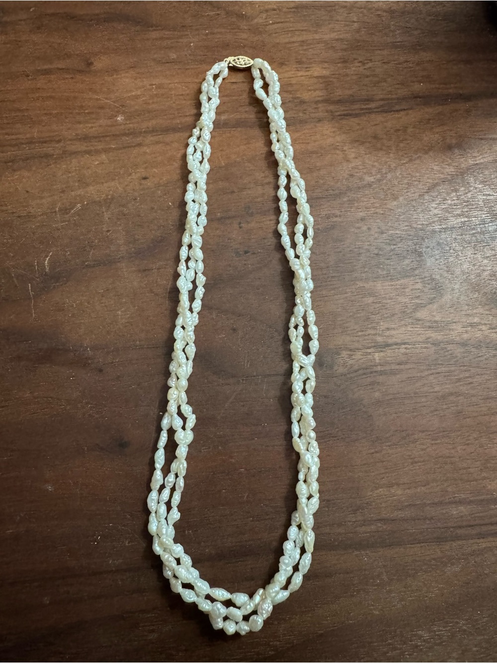 Vintage Rice Krispie 3 Strand Pearl Necklace w/14k Gold Clasp